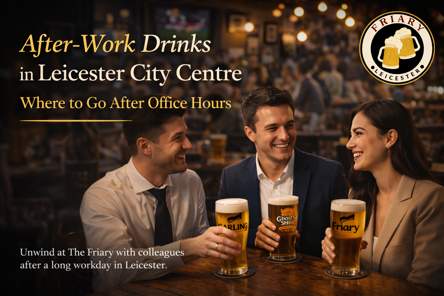 After-work drinks in Leicester City Centre at The Friary Leicester with colleagues enjoying pints in a lively pub atmosphere