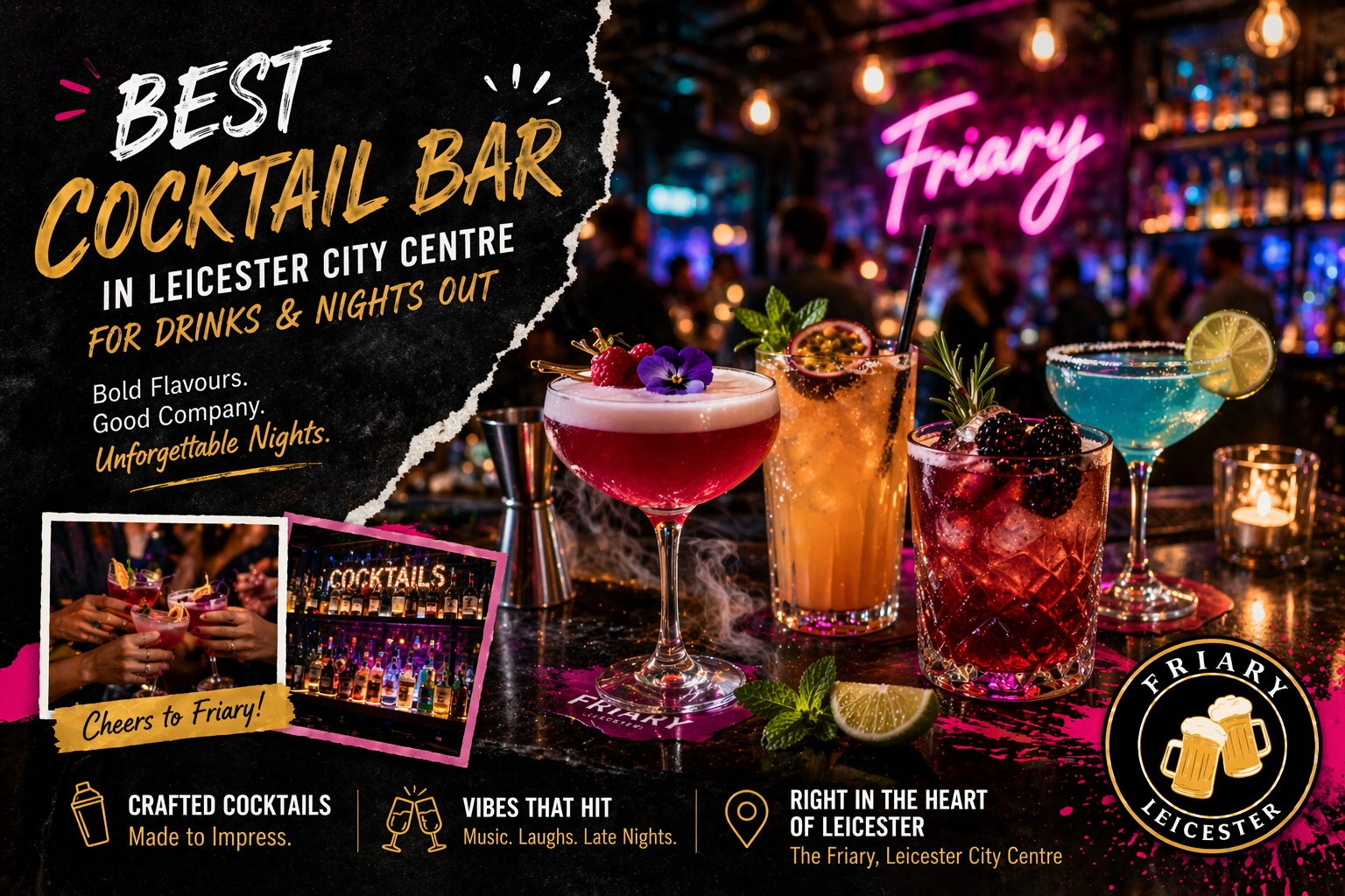 Best cocktail bar in Leicester City Centre at The Friary Leicester with colourful cocktails, drinks and nightlife atmosphere for nights out