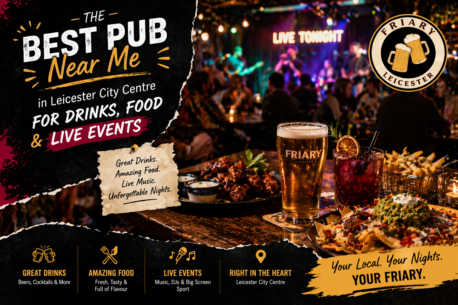 Best pub near me in Leicester City Centre at The Friary Leicester with drinks, food and live events including beer, cocktails and nightlife atmosphere