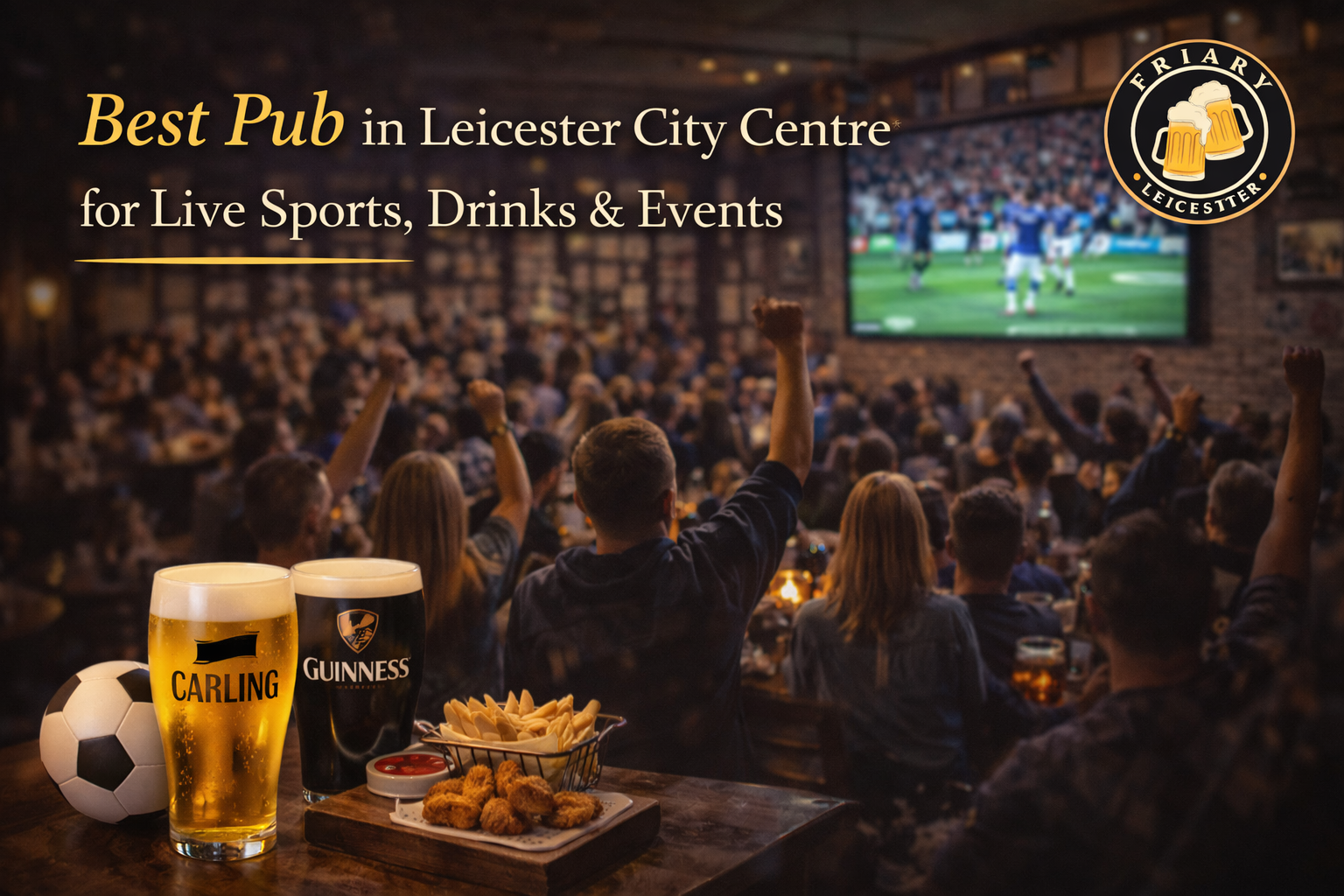 Best pub in Leicester City Centre for live sports, drinks and events at The Friary Leicester with crowd watching football, pints and pub food