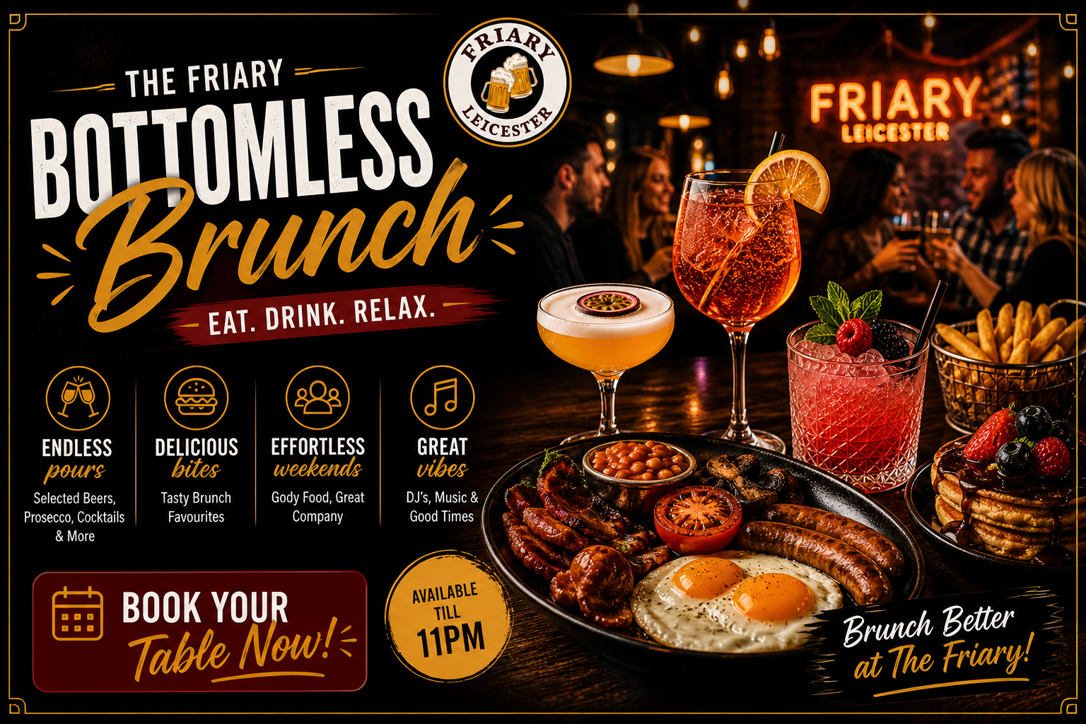 Best bottomless brunch in Leicester City Centre at The Friary Leicester with cocktails, prosecco, brunch food and lively weekend atmosphere until 11 PM