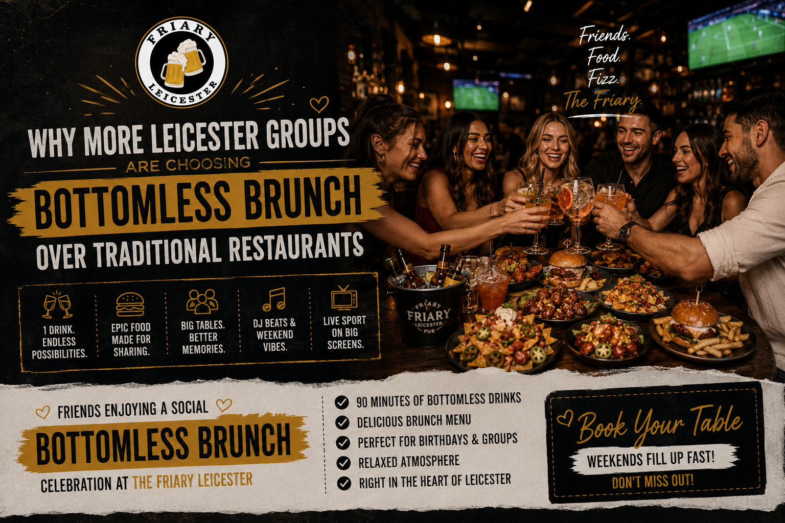 Friends enjoying a social bottomless brunch celebration at The Friary Leicester City Centre