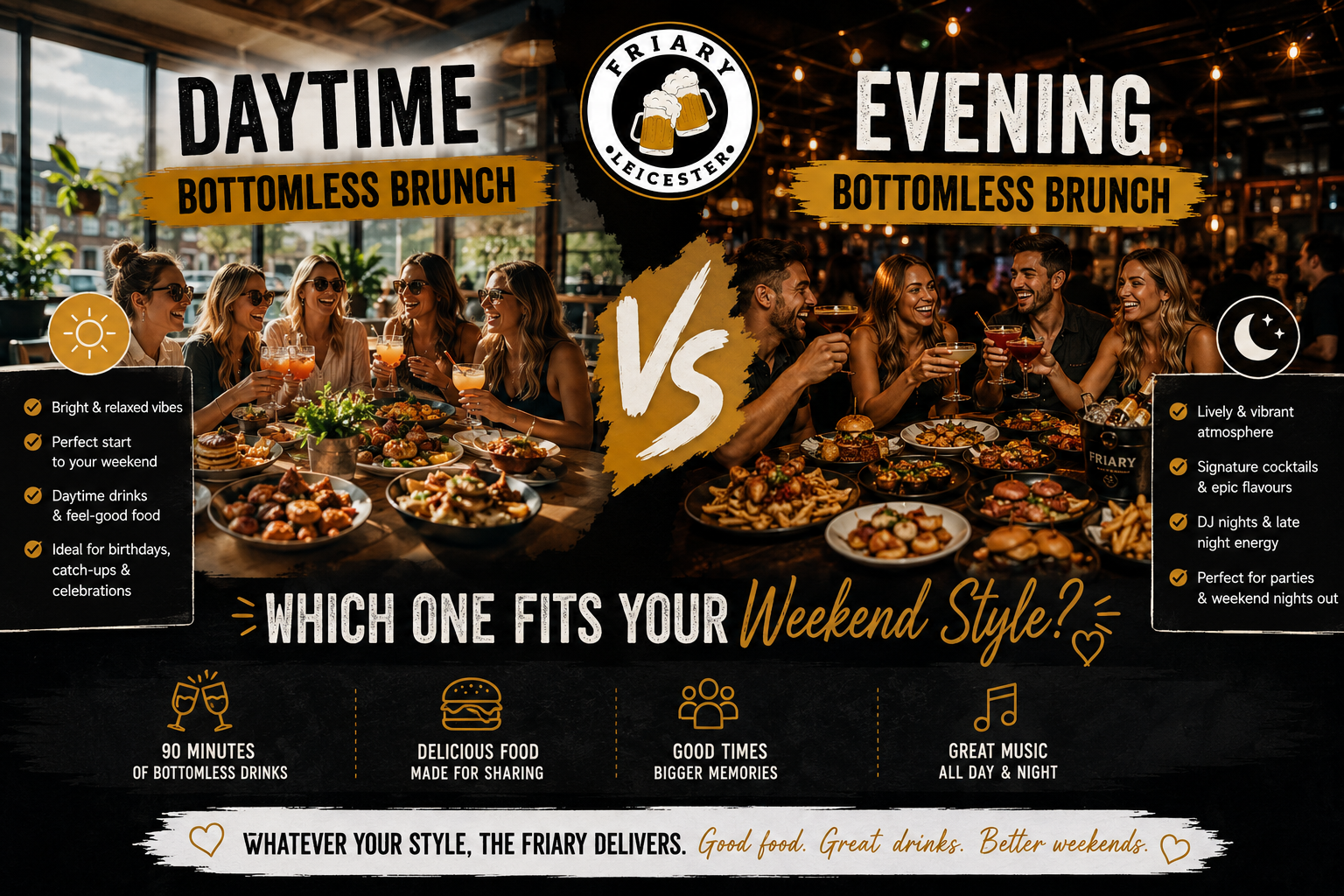 Daytime and evening bottomless brunch experiences at The Friary Leicester City Centre