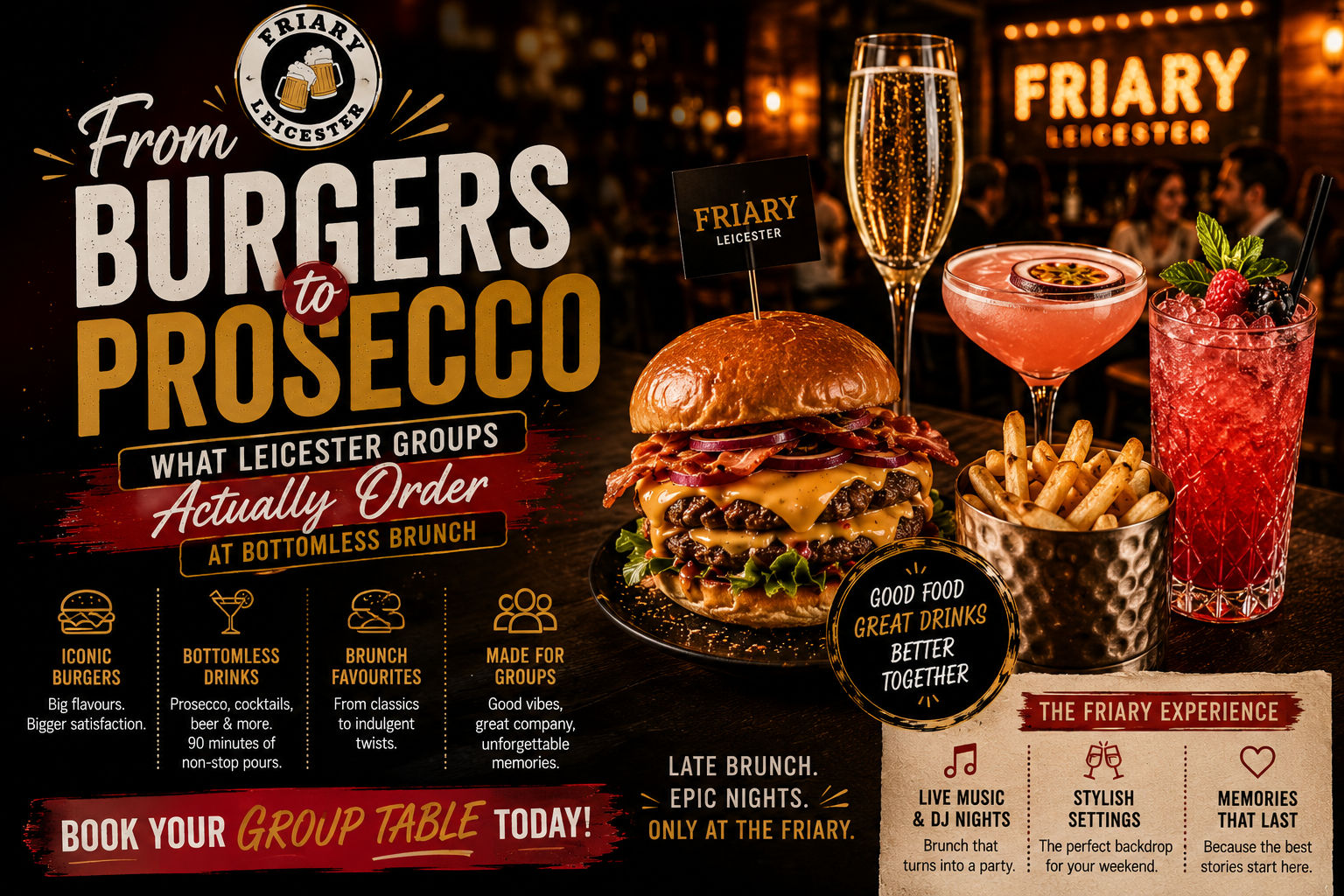 Bottomless brunch at The Friary Leicester with Big Cheese burger, prosecco, cocktails and loaded fries for group brunches in Leicester City Centre