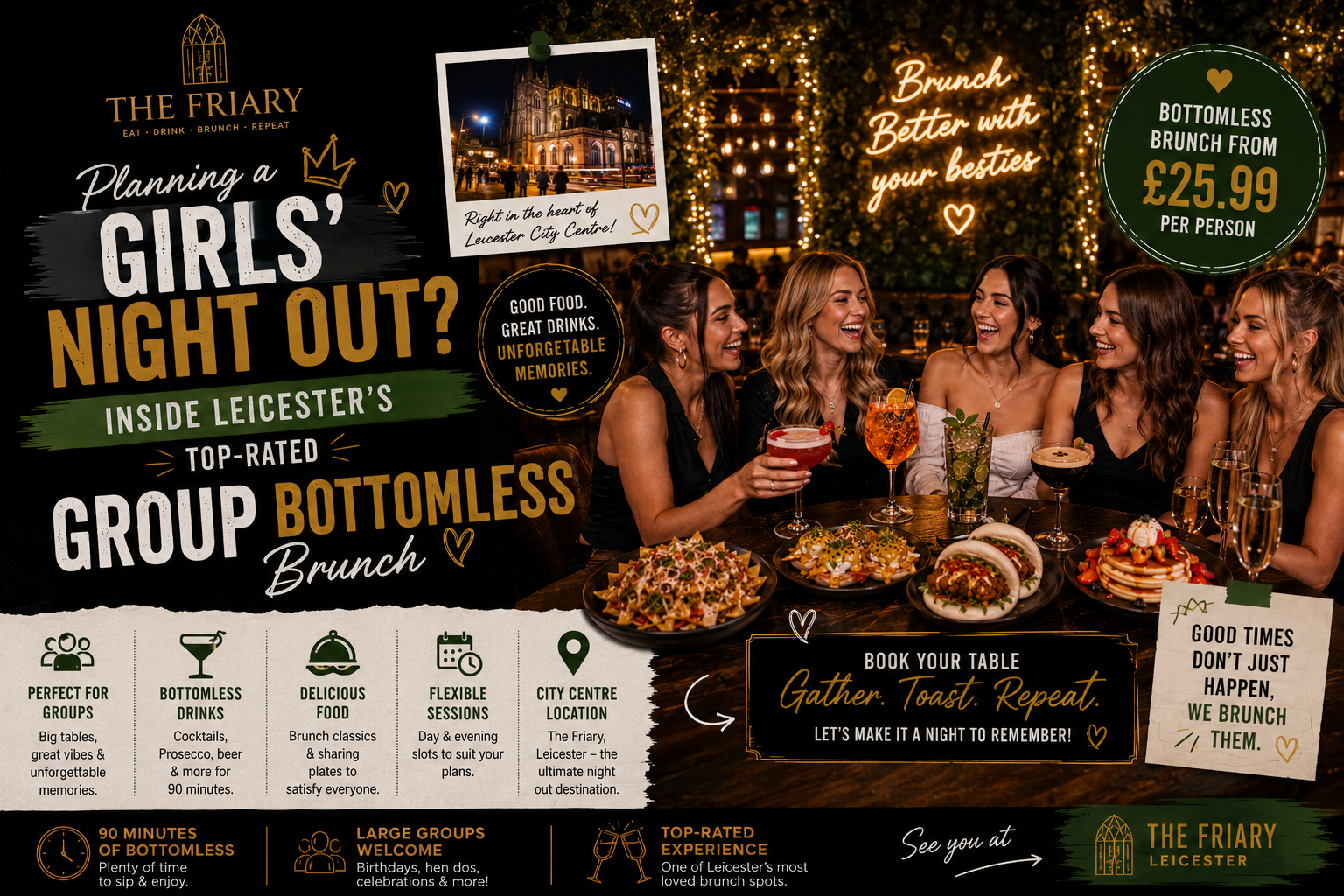 Group of friends enjoying cocktails and pizzas during a girls night out bottomless brunch at The Friary Leicester on Hotel Street.