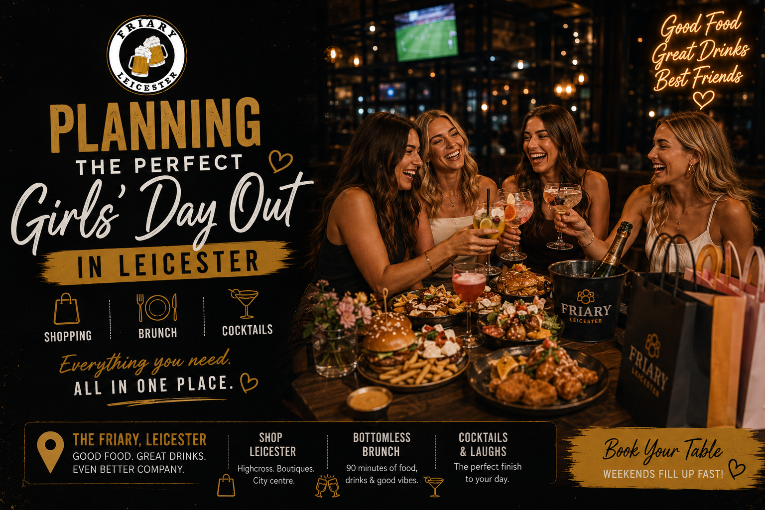 A group of friends laughing and celebrating during a stylish bottomless brunch at The Friary, Leicester city.