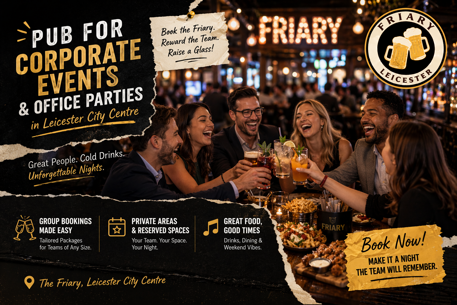 Pub for corporate events and office parties in Leicester City Centre at The Friary Leicester with team enjoying drinks, food and group celebration