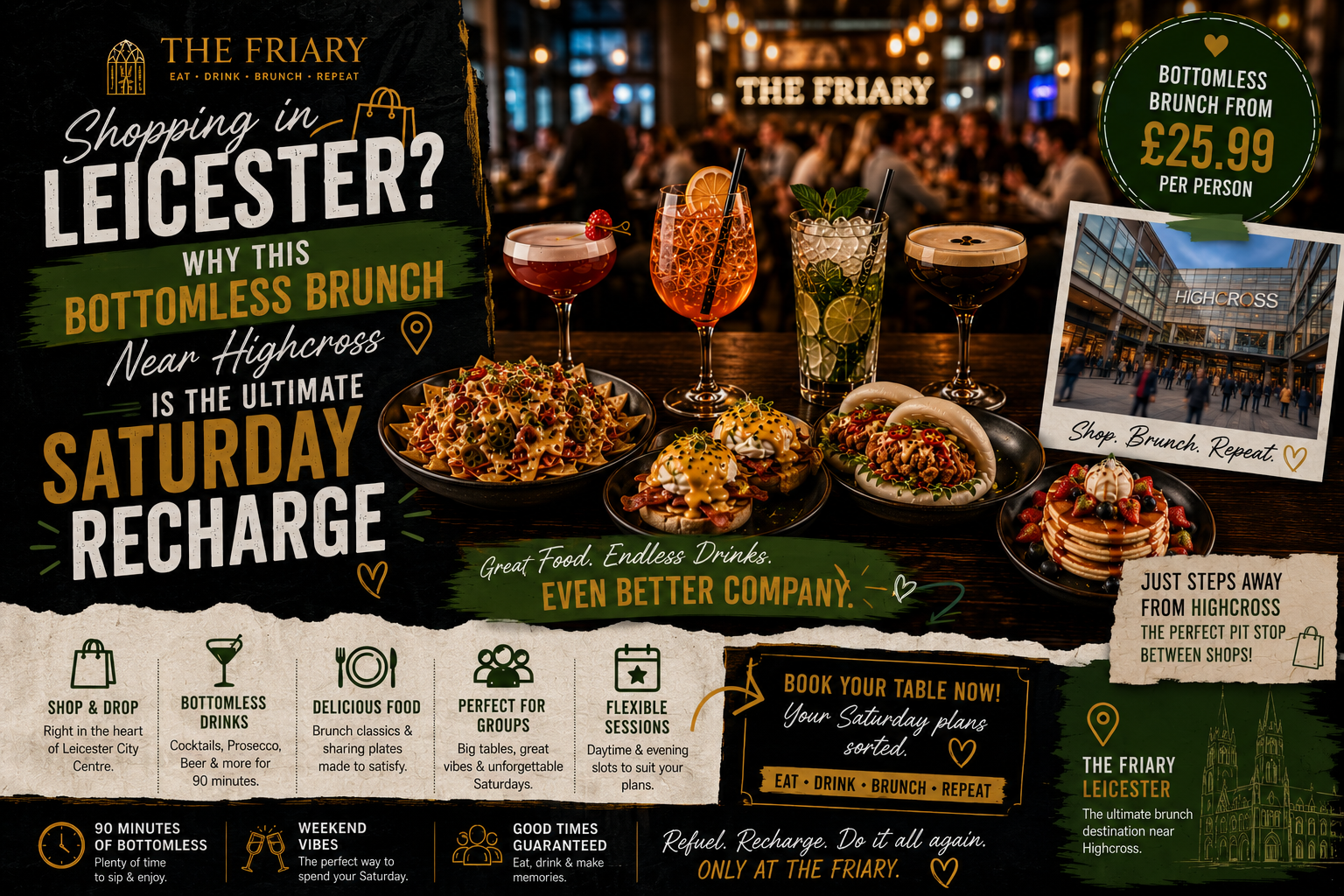 Bottomless brunch menu at The Friary Leicester on Hotel Street near Highcross shopping centre. Graphic displays a 90-minute session from £25.99 with cocktails, pizza, and loaded fries for group birthday party plans in LE1.