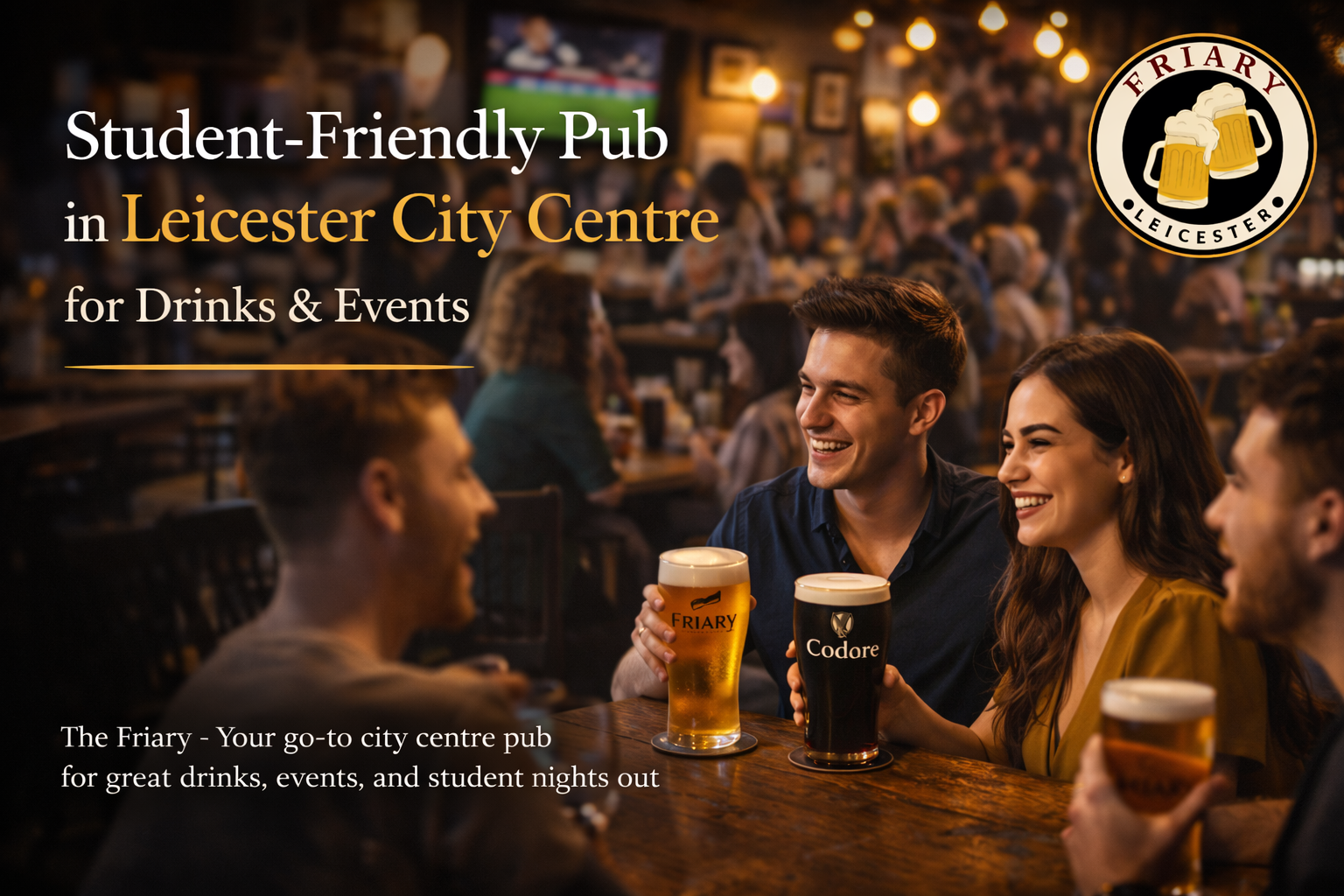 Student-friendly pub in Leicester City Centre at The Friary Leicester with young people enjoying drinks and a lively nightlife atmosphere