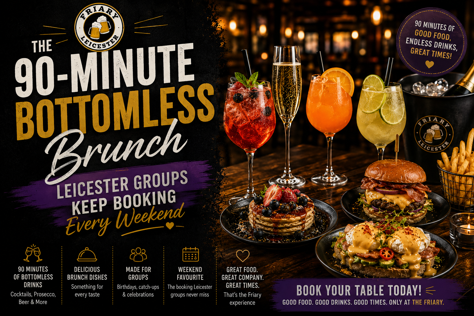 Bottomless brunch at The Friary Leicester with cocktails, prosecco, burgers and brunch dishes in Leicester City Centre for group weekend bookings and late brunch experiences.