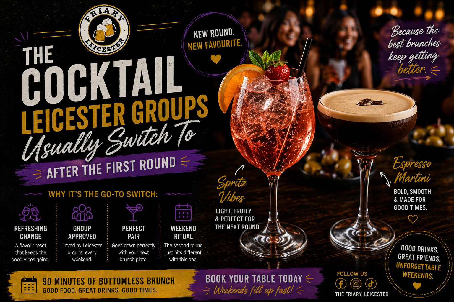 Cocktails at The Friary Leicester bottomless brunch featuring spritz cocktails, Espresso Martinis and late weekend drinks in Leicester City Centre for group brunch bookings and social weekend vibes.