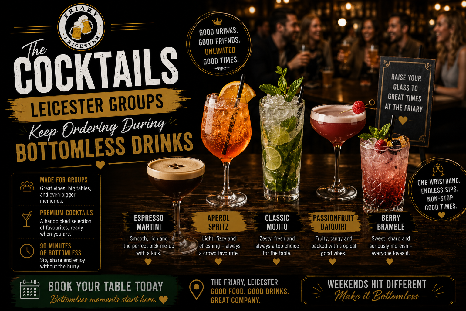 bottomless drinks cocktails at The Friary Leicester with Espresso Martini, Aperol Spritz, Passionfruit Daiquiri, Berry Bramble and Mojito cocktails for group brunch bookings in Leicester City Centre