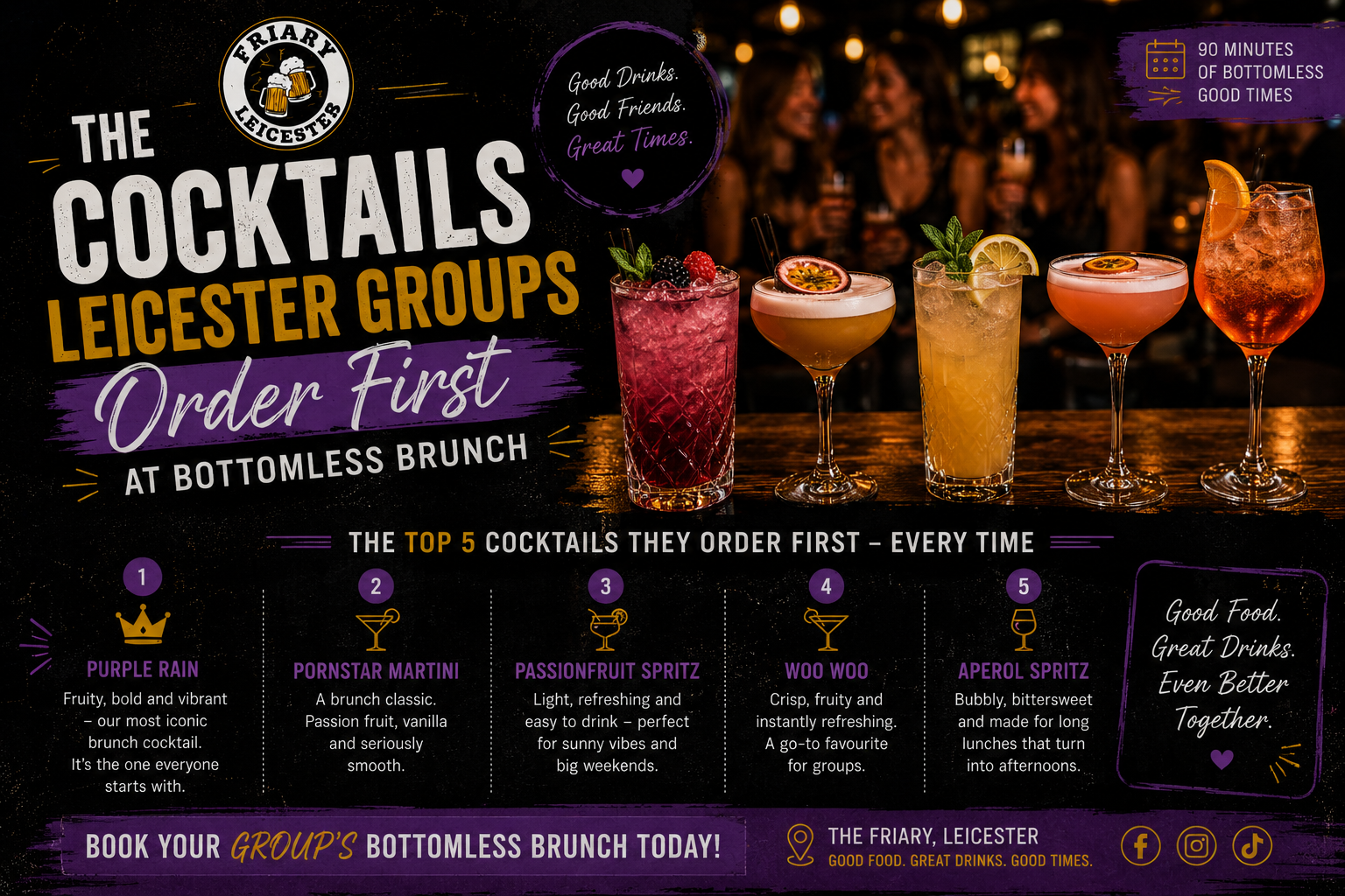 Top cocktails at The Friary Leicester bottomless brunch including Purple Rain, Pornstar Martini, Aperol Spritz and fruity cocktails for group brunches in Leicester City Centre
