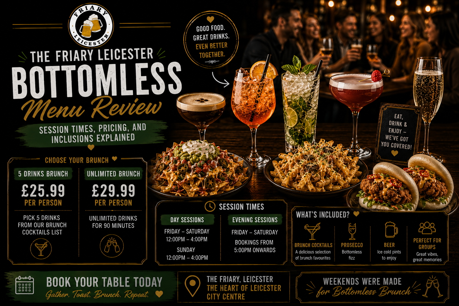 The Friary Leicester bottomless brunch review menu graphic showing day and evening session times, pricing packages, and drink inclusions for group bookings in Leicester City Centre.