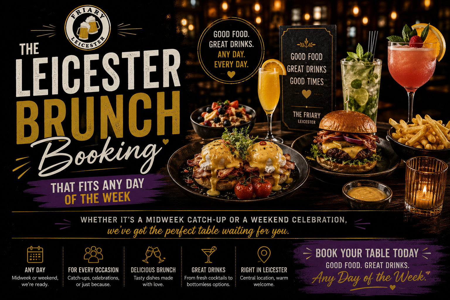 Leicester bottomless brunch at The Friary featuring burgers, eggs benedict, cocktails and group dining available 7 days a week in Leicester City Centre