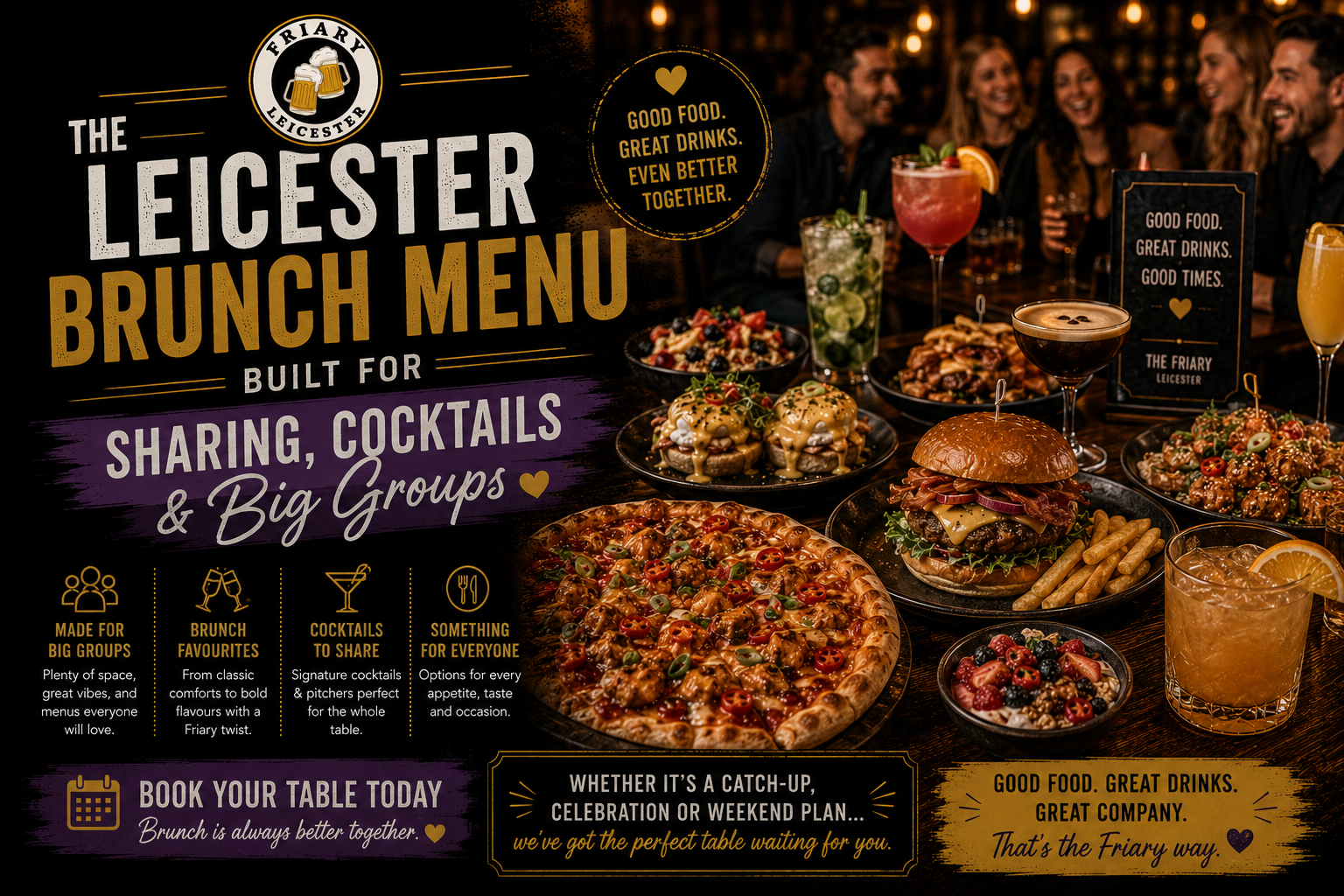 Leicester bottomless brunch food and cocktails for big groups at The Friary Leicester featuring Firecracker Chicken Pizza, burgers, sharing plates and signature brunch drinks in Leicester City Centre