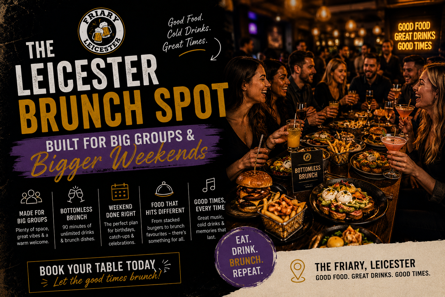 Bottomless brunch group dining at The Friary Leicester with cocktails, burgers and weekend brunch food for large groups in Leicester City Centre