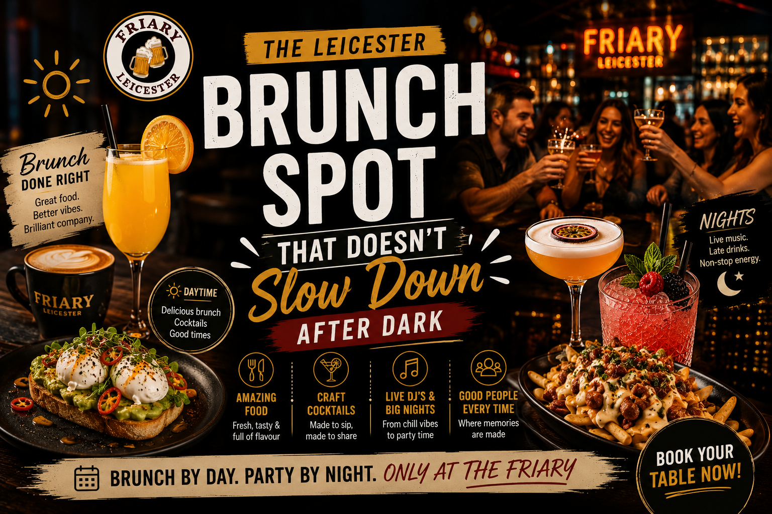 Late brunch and cocktails at The Friary Leicester in Leicester City Centre with loaded fries, brunch dishes, craft cocktails and lively after-dark weekend atmosphere