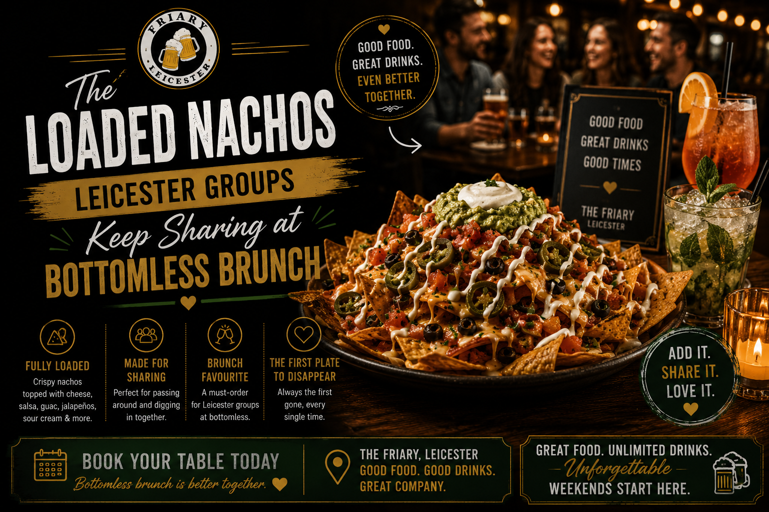 loaded nachos bottomless brunch at The Friary Leicester with sharing plates, cocktails and group dining in Leicester City Centre during weekend brunch bookings