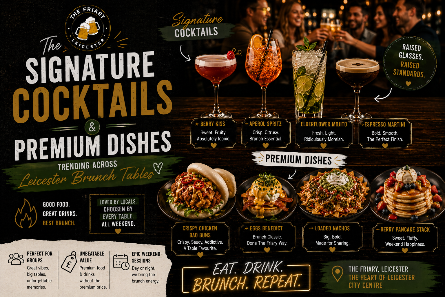 The Friary Leicester Signature Cocktails and Premium Dishes bottomless brunch promotional graphic featuring Berry Kiss, Aperol Spritz, Elderflower Mojito, Espresso Martini, Crispy Chicken Bao Buns, Eggs Benedict, Loaded Nachos, and a Berry Pancake Stack.