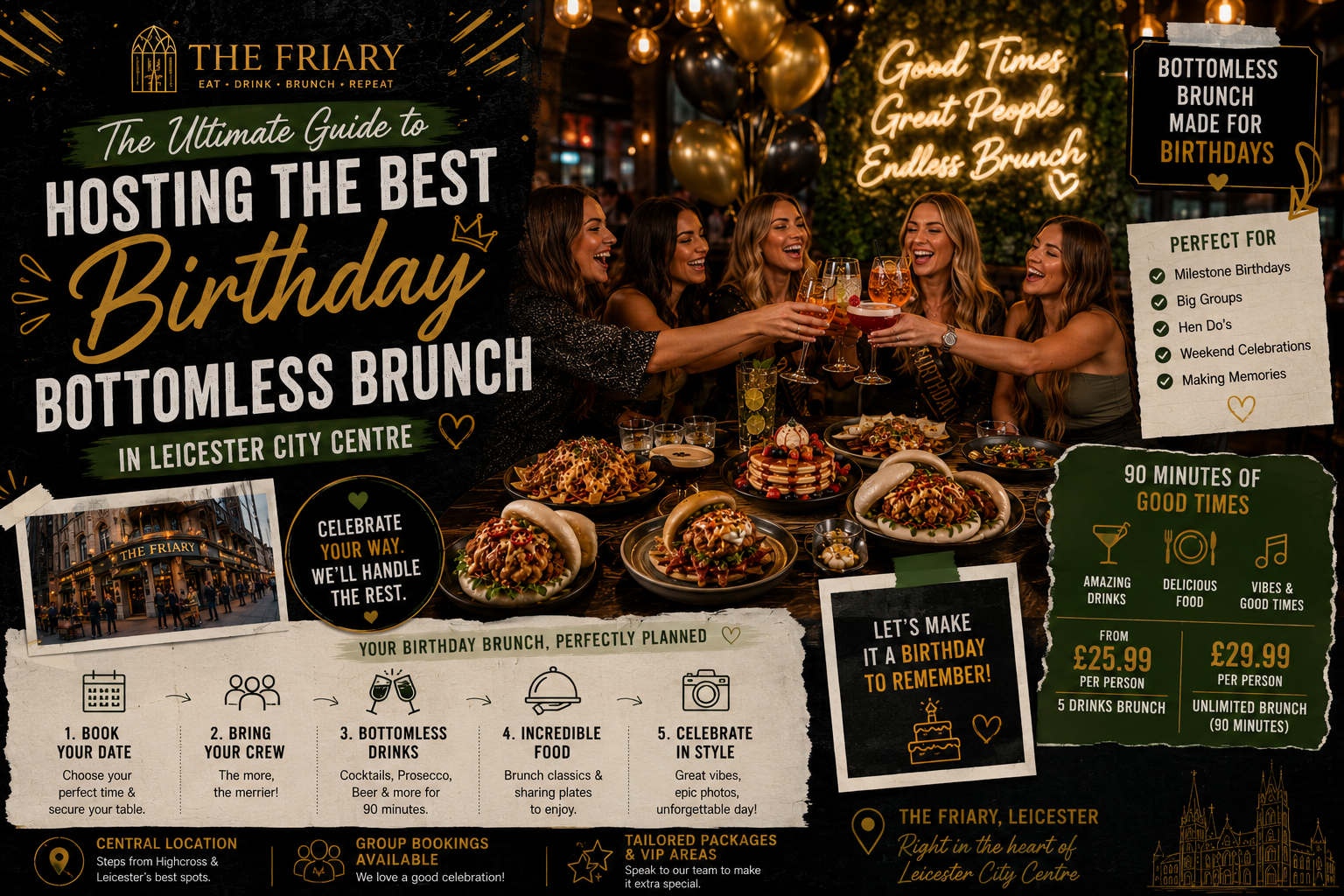 Birthday bottomless brunch party at The Friary Leicester on Hotel Street. Friends sharing cocktails and loaded fries in a large group booth near Leicester Cathedral for a celebration in LE1.