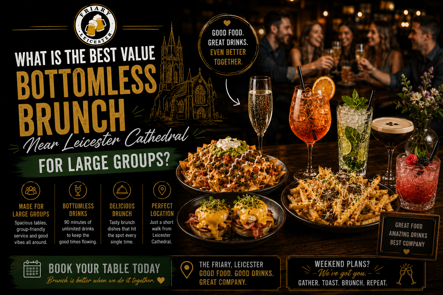 best value bottomless brunch near Leicester Cathedral for large groups at The Friary Leicester with cocktails, sharing plates and weekend brunch bookings in Leicester City Centre