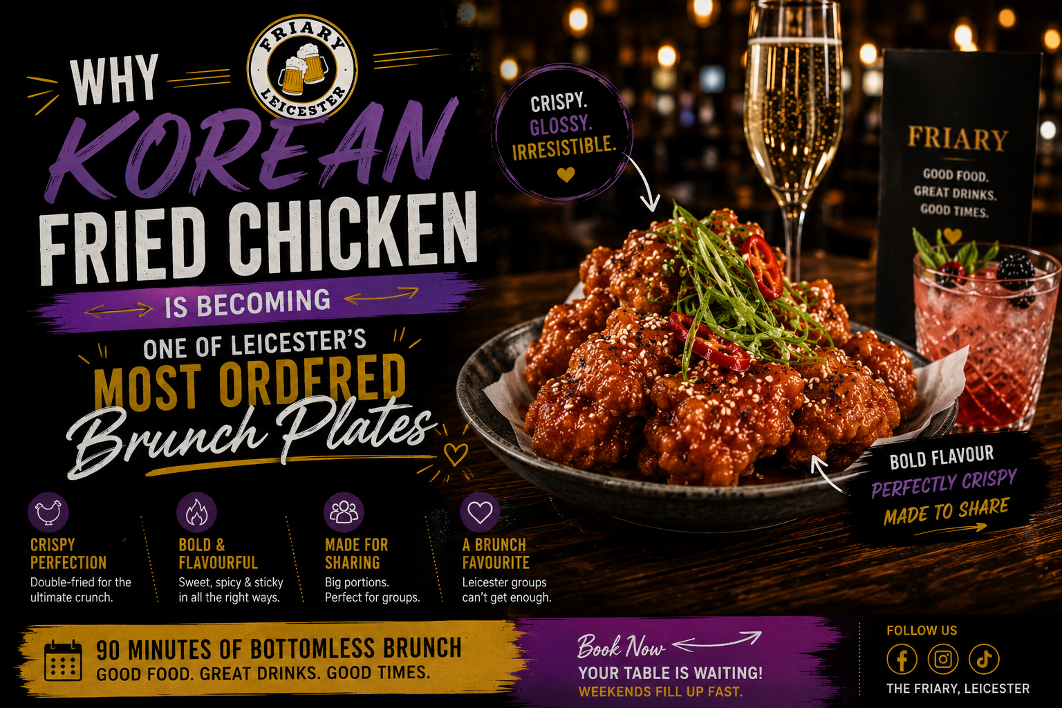 Korean Fried Chicken at The Friary Leicester bottomless brunch with crispy glazed chicken, cocktails and weekend brunch plates in Leicester City Centre for group dining and social brunch bookings.