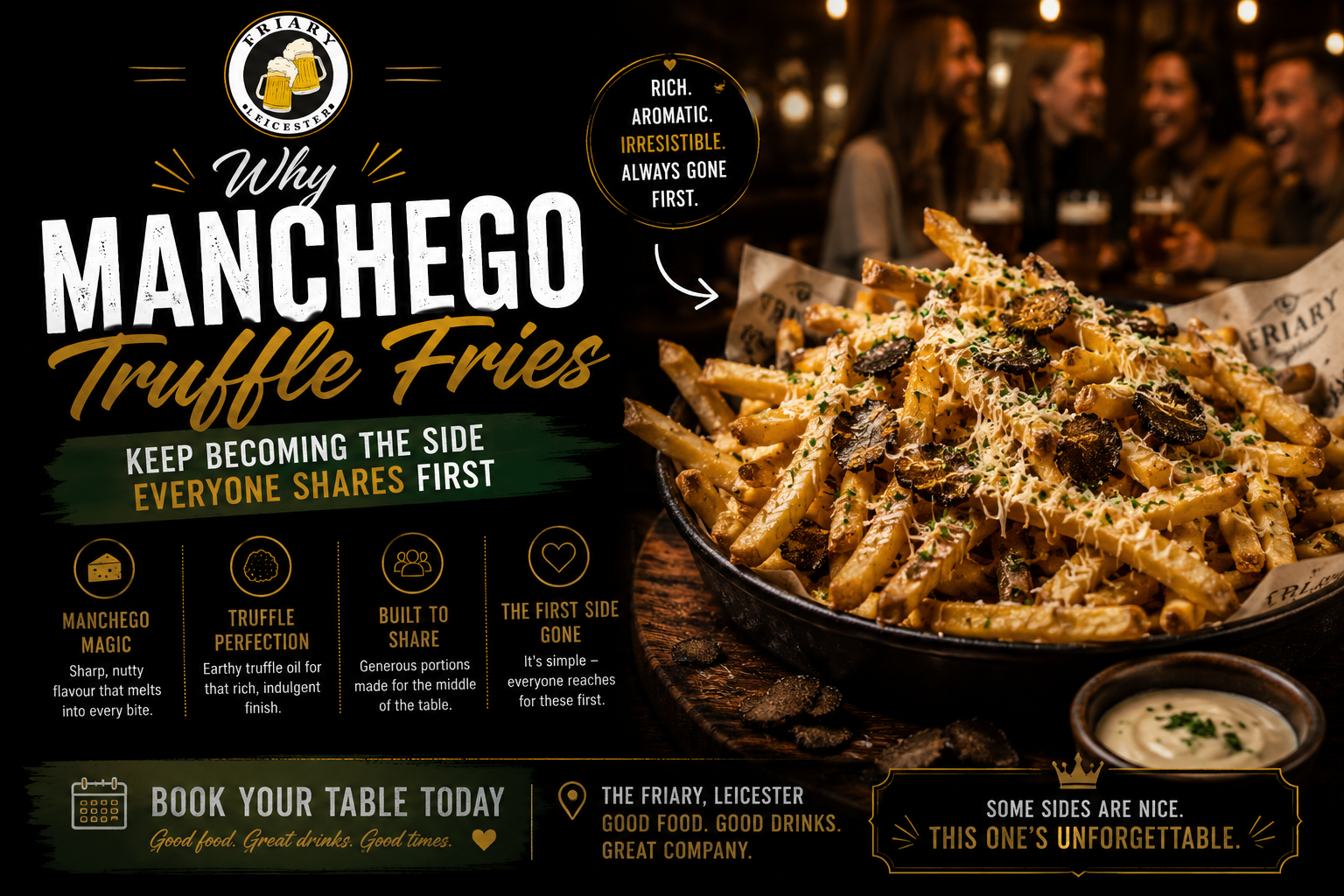 manchego truffle fries at The Friary Leicester with truffle-loaded sharing fries, bottomless brunch food and group dining in Leicester City Centre