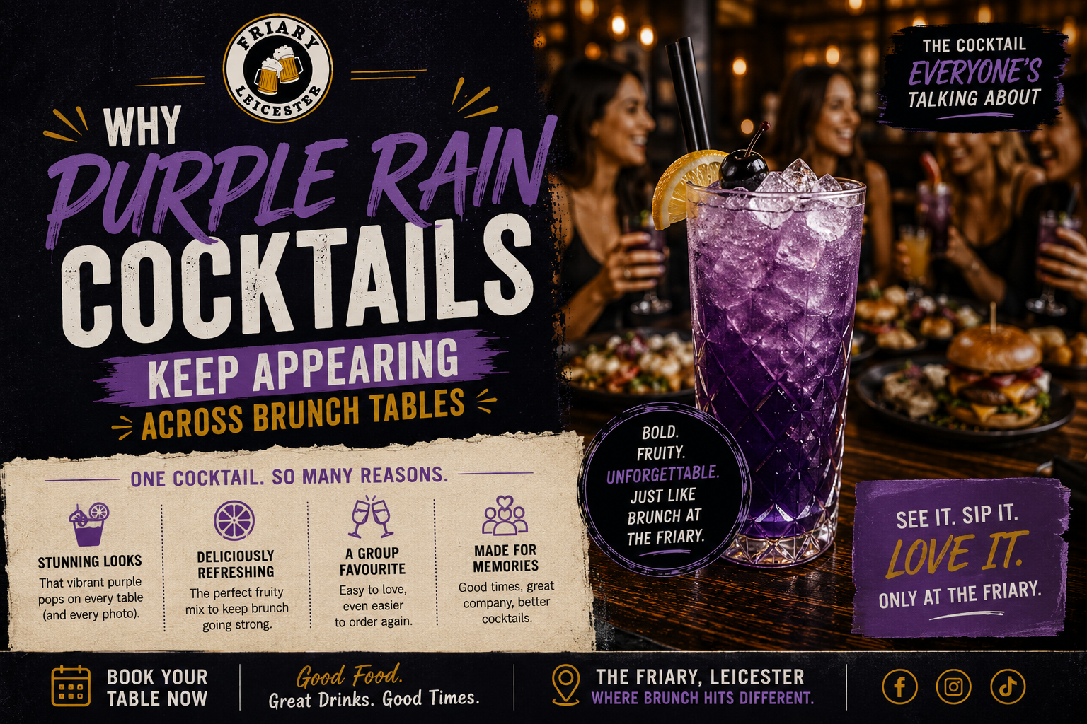 Purple Rain cocktail at The Friary Leicester during bottomless brunch with burgers, cocktails and group brunch atmosphere in Leicester City Centre