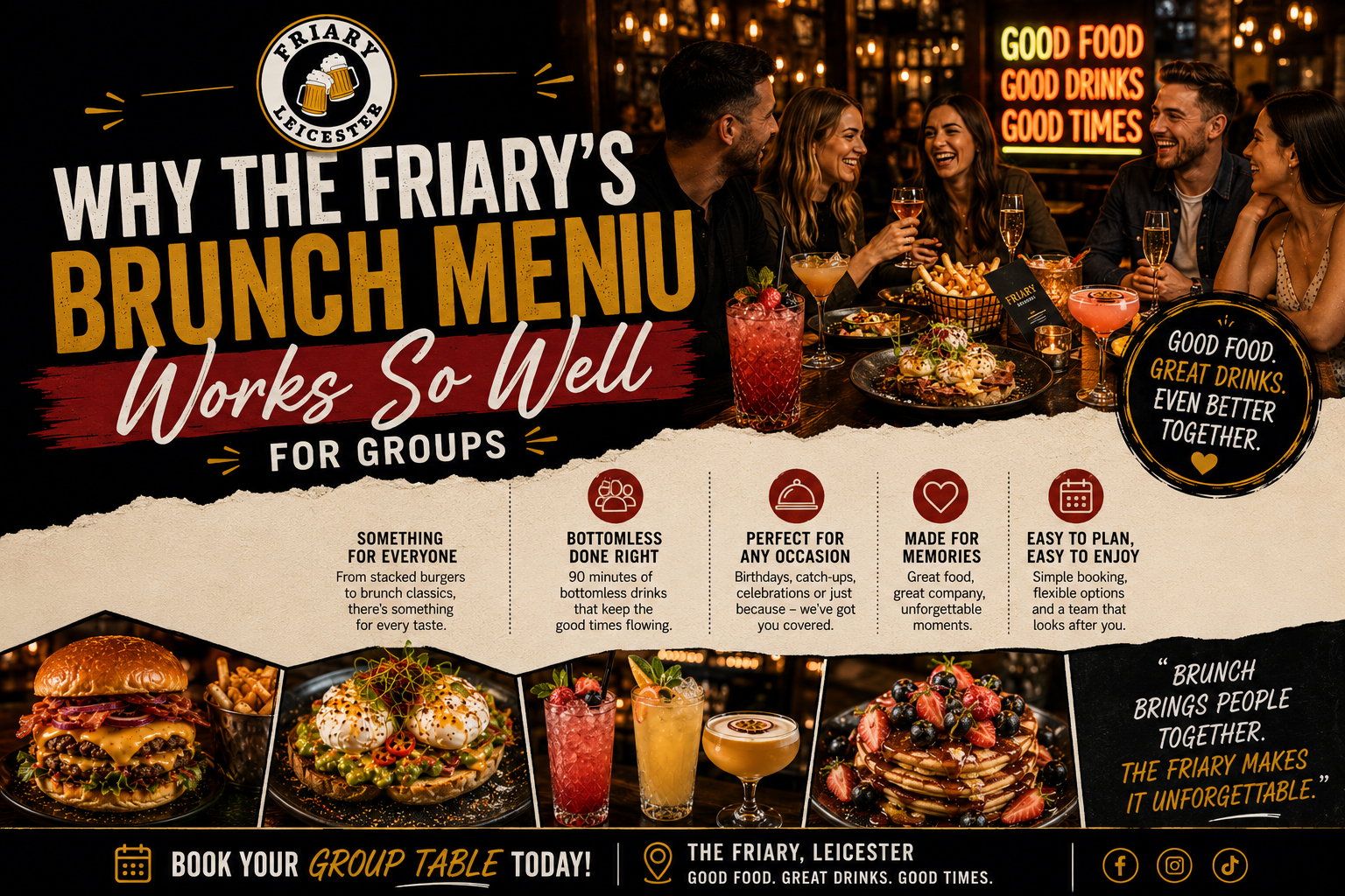 Group bottomless brunch at The Friary Leicester with burgers, cocktails, brunch dishes and social weekend atmosphere in Leicester City Centre